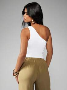 MISSGUIDED 不对称单肩竹戒指细节裁剪上衣夏季海滩派对俱乐部节日晚间优雅无袖时尚声明件 - 白色 - 查看 2