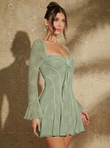 SHEIN BAE Lace Trim Bodice Ruffled Hem Women Long Dress - Mint Green - View 7