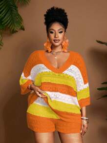 Maweii Plus Size Women Multicolor V-Neck Hollow-Out Beach Holiday Elegant 2 Pieces Set Winter Fall Autumn