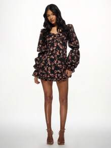 MISSGUIDED Puff Sleeve Mini Dress Vintage Floral Print Ruched Sweetheart Neckline Ruffle Hem Fall Winter Party Holiday Gatherings - Multicolor - View 3