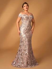 Serin 大码优雅浪漫香槟色奢华亮片刺绣 V 领露肩鱼尾下摆新娘妈妈礼服 - 香檳色 - 查看 6