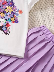SHEIN 2 Stücke/Set, Cartoon-Muster Rundhals Kurzarm Top und weit geschnittene Plissee-Hose für Kleine Mädchen, lässiger Outfit