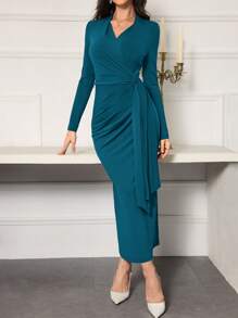 Modelyn Women Solid Color Pleated Overlap V-Neck Long Sleeve Elegant Dress - Teal Blue - View 3