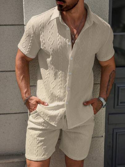 Manfinity Homme Men 2pcs Set: Single-Breasted Short Sleeve Shirt & Texture Shorts, Cream Outfit Men