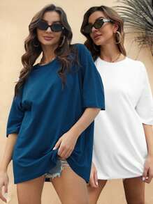 Women's Solid Color Round Neck Dropped Shoulder Sleeve Casual Loose Tee - Multicolor - View 1