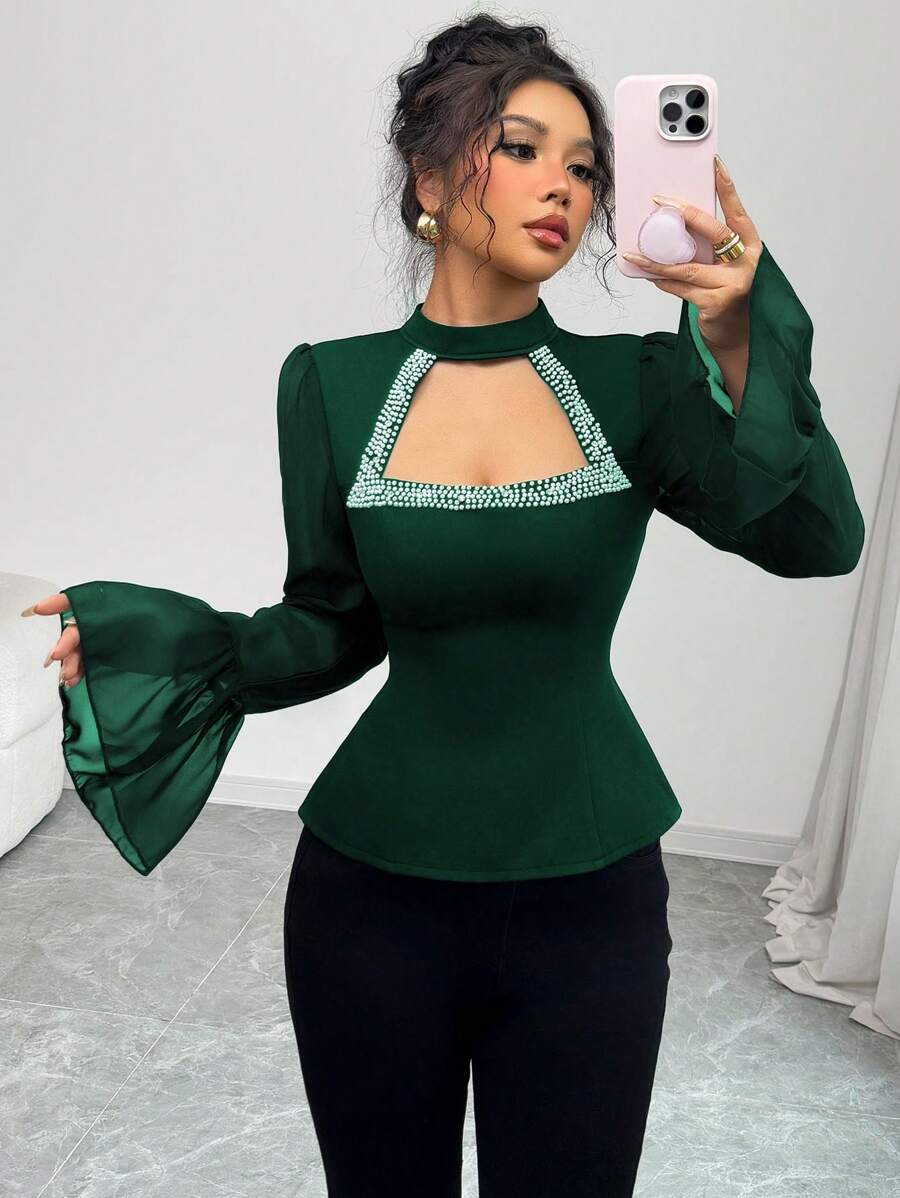 SHEIN Unity 女士优雅水钻装饰镂空喇叭袖衬衫 - 墨綠色 - 查看 1