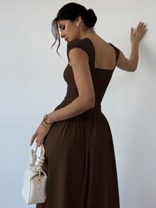 Firerie Đầm maxi tay ngắn, cổ vuông, thắt nơ thanh lịch, thích hợp cho các buổi hẹn hò, mùa xuân/hè, đầm hè cho nữ. - Màu nâu Sô-cô-la - Xem 3
