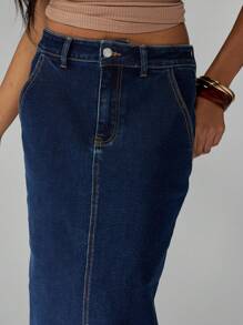 MISSGUIDED Falda midi de jean, de talle alto, diseño en A por debajo de la rodilla, con bolsillos laterales. Uso casual, de oficina, moda modesta para otoño e invierno - Azul - Ver 4