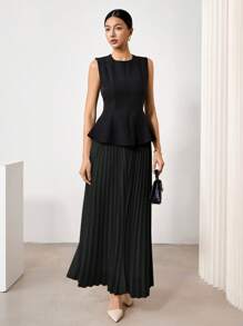 EastFlair Plus Size Versatile Retro Pleated Midi Skirt For Office And Commute Fall - Black - View 6