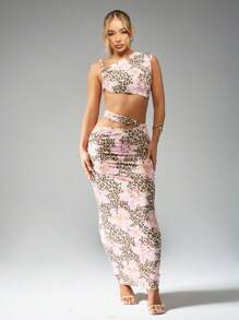 MISSGUIDED Bộ Hai Mảnh In Hoa Da Báo Váy Maxi Áo Crop Top Trang Phục Mùa Hè Mùa Xuân Kỳ Nghỉ Bãi Biển Tiệc Cưới Khách Đặt Không Lưng Cắt Xẻ Chi Tiết Cà Vạt - Nhiều màu - Xem 3