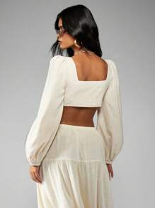 MISSGUIDED 泡芙袖短款衬衫纽扣前方领波西米亚农民上衣夏季节日海滩衬衫弹性休闲度假服 - 杏色 - 查看 2