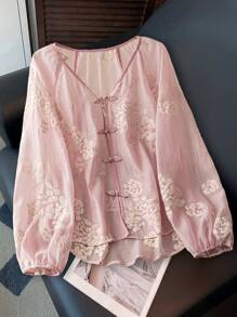 SHEIN Women Patterned Puff Sleeve Button Design Elegant Blouse Fall Cloth For Women