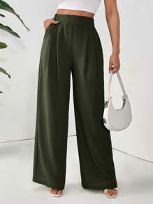 SHEIN Essnce Pantalones rectos de bolsillo en diagonal de unicolor casuales para mujer - Verde militar - Ver 6