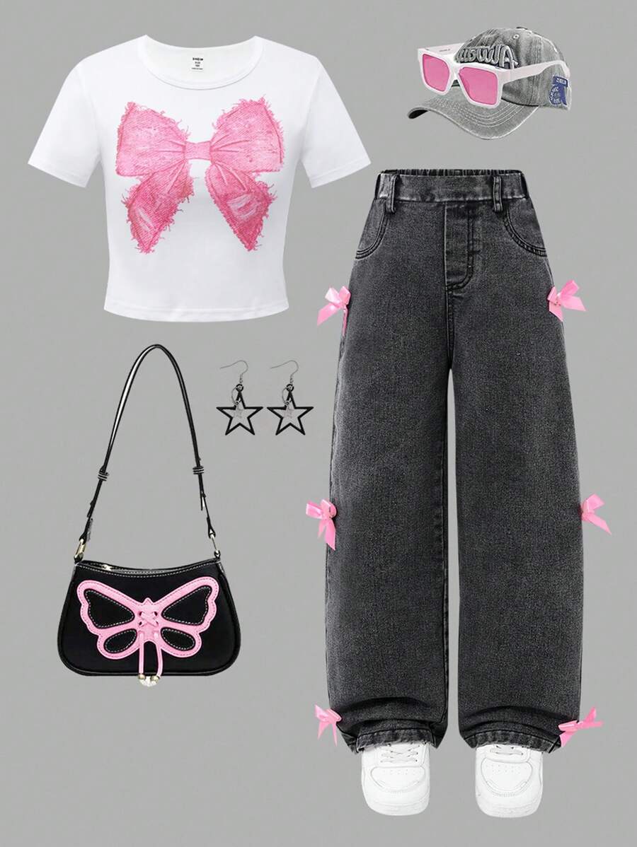 SHEIN ChillGRL 2 件女童休闲蝴蝶结 T 恤和牛仔裤套装，日常通勤装 - 深灰色 - 查看 1