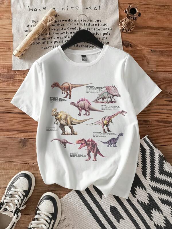 Attitoon Casual Minimalist Dinosaur Print Plus Size Fitted T-Shirt For Women, For Summer