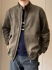 Manfinity Dauomo Veste décontractée à zip et manches longues de couleur unie pour homme - Tabac - Voir 1