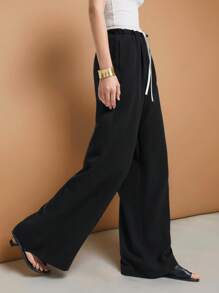 Ontre 2025 新款休闲裤，都市通勤风格黑色裤子，配撞色白色腰带，女士日常休闲裤