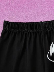 The Winx X SHEIN 少女卡通公主炫酷图案黑色舒适紧身裤