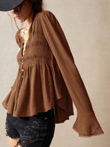 SHEIN BohoFeels 女士度假休闲纯色编织 V 领长袖衬衫 - 棕色 - 查看 5