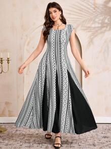 Al Najma 女士优雅几何印花拼布阿拉伯风格长裙 - 白色 - 查看 5