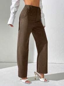 SHEIN PETITE 女士纯色高腰褶皱直筒宽松休闲裤 - 棕色 - 查看 3
