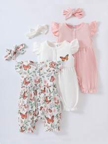 SHEIN 3pcs Baby Girls Casual Cute Butterfly Print Cap Sleeve Romper Set + Headband - Multicolor - View 2