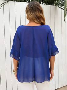 Flirla Áo cánh thường ngày tay ngắn rộng rãi, cổ chữ V, chiffon thanh lịch cho nữ cỡ lớn - Màu xanh lam - Xem 2