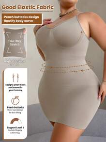1pc Plus Size Solid Color Camisole Seamless Shaping Slip Dress - Mocha Brown - View 3
