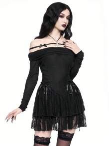 ROMWE Goth Off Shoulder Sexy Contrast Kant Zijkant Vetersluiting Super Korte Jurk