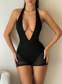 SHEIN ICON Deep V-Neck Lace Backless Halter Jumpsuit - Black - View 5