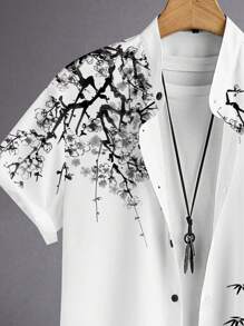 Manfinity Homme Bamboo & Plum Blossom Ink Painting Print Men's Short Sleeve Stand Collar Casual Shirt - White - View 2