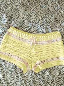 INAWLY Bộ 2 áo ống ngắn màu tương phản mùa hè cho nữ và quần short dệt kim - Nhiều màu - Xem 3