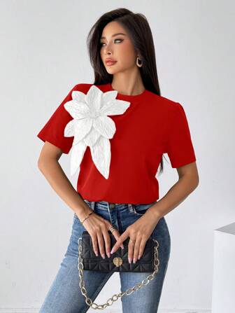 SHEIN Privé 女士 3D 花卉装饰黑色短袖 T 恤