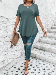 SHEIN Clasi Plus Size Vegetable Market Print Round Neck T-Shirt, Minimalist Fashion Style Suitable For Summer - Olive Green - View 7