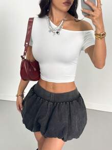 Coolane Blusa blanca de punto ajustada con cuello asimétrico, estilo lindo Y2K, para mujer