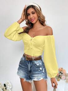 SHEIN VCAY Women's Holiday Solid Color Off-Shoulder Lantern Sleeve Fashionable Blouse - Mustard Yellow - View 6