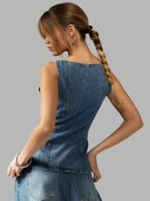 MISSGUIDED Gilet en jean sans manches pour femmes, style western avec boutons-pression, taille cintrée, Top superposable pour l'automne - Bleu azur - Voir 2