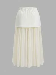 SHEIN EZwear Plus Size Romantic Semi-Sheer Pleated Patchwork Skirt For Spring