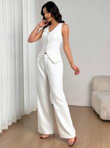 Firerie Women's Elegant Minimalist Daily/Office Outfit White Pearl Button Camisole Top And Elastic Waist Straight Leg Pants Suit, Summer In Fall/Winter - White - View 7