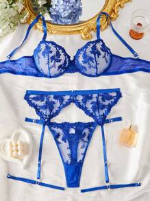 SHEIN 5pcs/Set Plus Size Women's Sexy Lingerie Set With Garter - Blue - View 4
