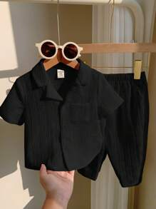 男婴休闲韩版纯色提花翻领短袖上衣和裤子 2 件套，适合居家、户外、度假穿着、夏季 - 黑色 - 查看 5
