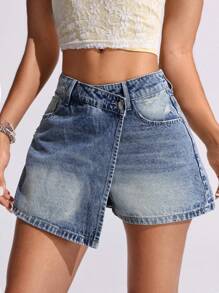 SHEIN EZwear Women's Asymmetric Hem Casual Denim Skirt With Pockets - Medium Wash - View 4