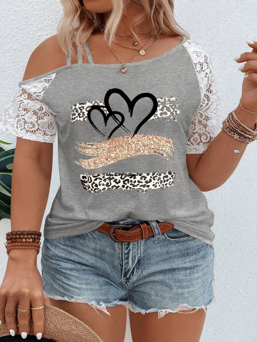 SHEIN Plus Size Asymmetrical Collar Lace Short Sleeve Leopard Heart Print Casual T-Shirt, Spring/Summer