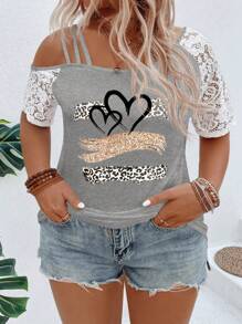 SHEIN Plus Size Asymmetrical Collar Lace Short Sleeve Leopard Heart Print Casual T-Shirt, Spring/Summer