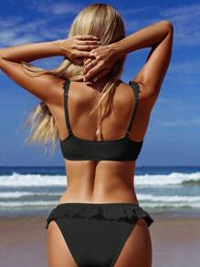 Swim Mod 2pcs Women Solid Color Lace Trim Swimsuit Set, Vacation/Beach/Party For Summer - Black - View 2