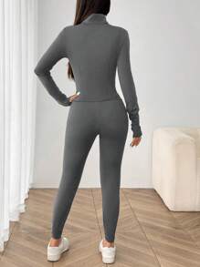 SHEIN EZwear 灰色针织夹克、背心和紧身裤 3 件套女士运动服套装 - 灰色 - 查看 2