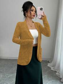 Chiquease Women Casual Ribbed Brushed Open Front Side Pockets Shorts Jacket, Lightweight - Ginger - View 1