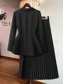 GlowEve CURVE Plus Size Women's Solid Color Long Sleeve Blazer & Midi Ruched Skirt Set Graduation,Back To School,Teacher Outfits For Women Fall Cloth For Women Autumn - Black - View 2