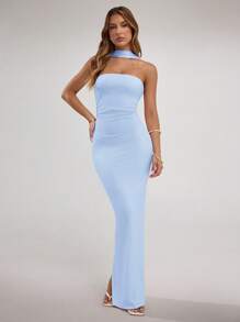 SHEIN BAE Damen einfarbiges plissiertes figurbetontes elegantes Maxi-Trägerkleid - Babyblau - Übersicht 3