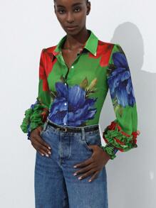 Aveloria Modichic Chiffon Contrast Color Floral Print Layered Flounce Cuff Long Sleeve Blouse Button Up Shirt Women 